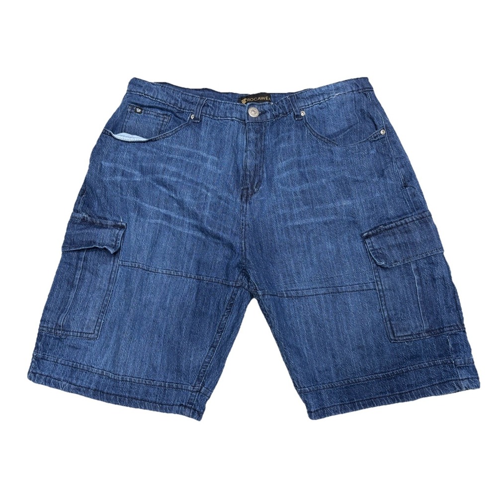 Rocawear Stretch Denim Cargo Shorts Men's 36 Blue Jean Carpenter Y2K Hip Hop VTG